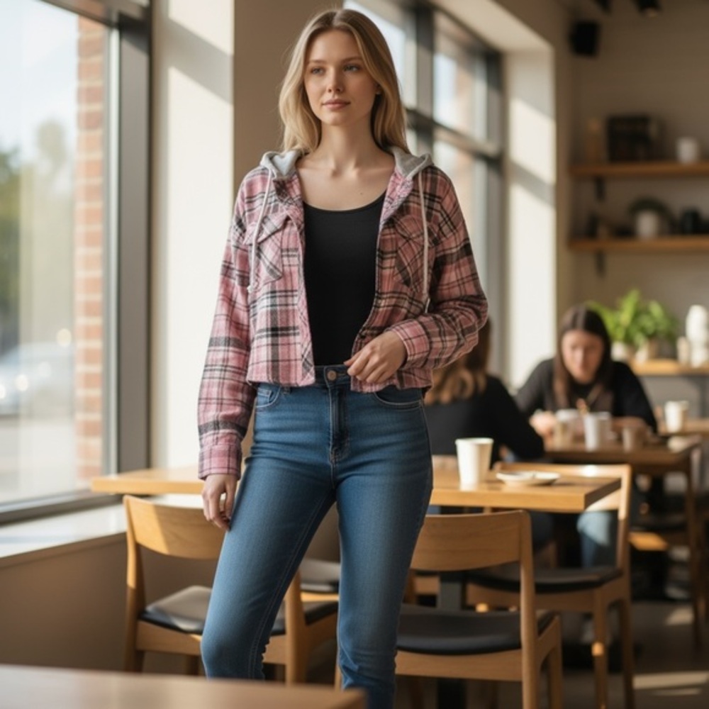 No Boundaries Pink and Gray Plaid Hoodie